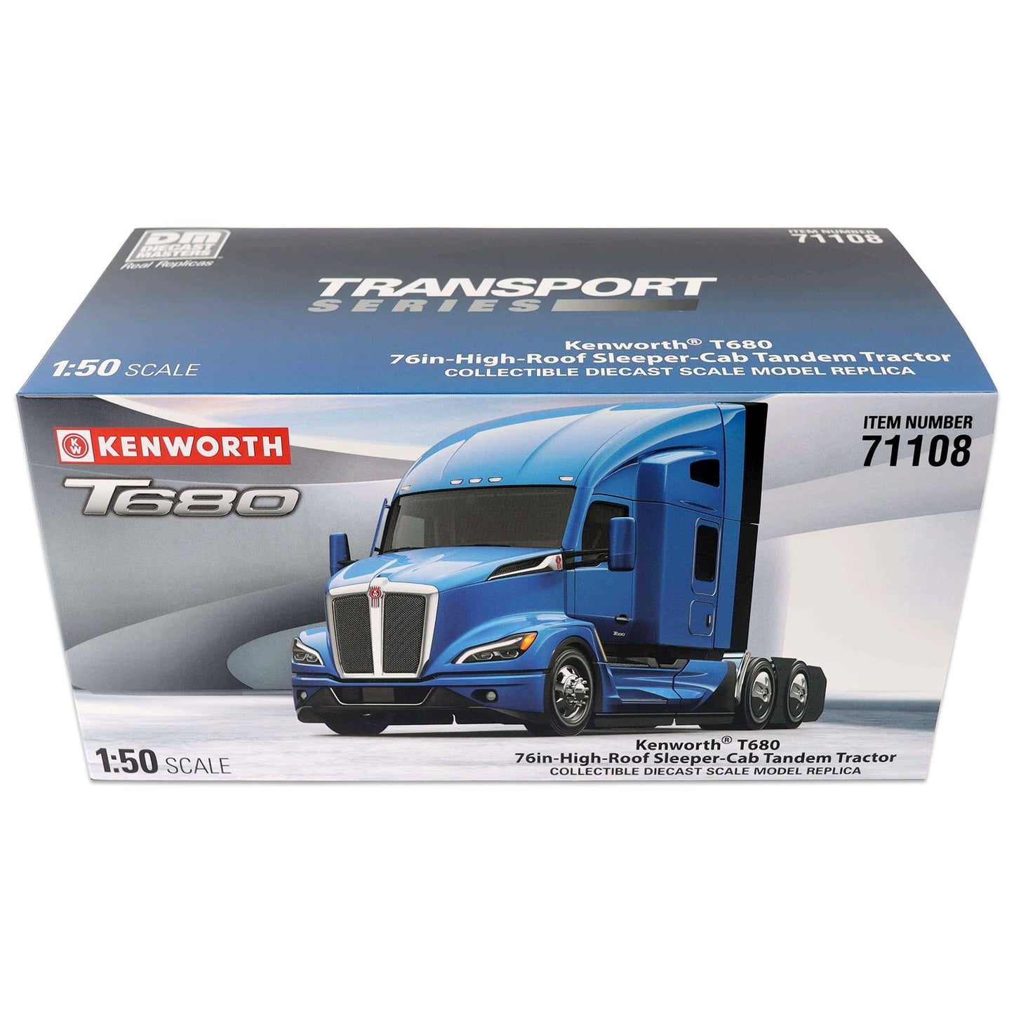 Boxed Kenworth T680 model truck with blue truck on a white background
