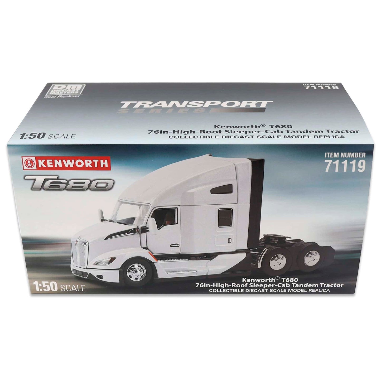 Boxed Kenworth T680 model truck on a white background