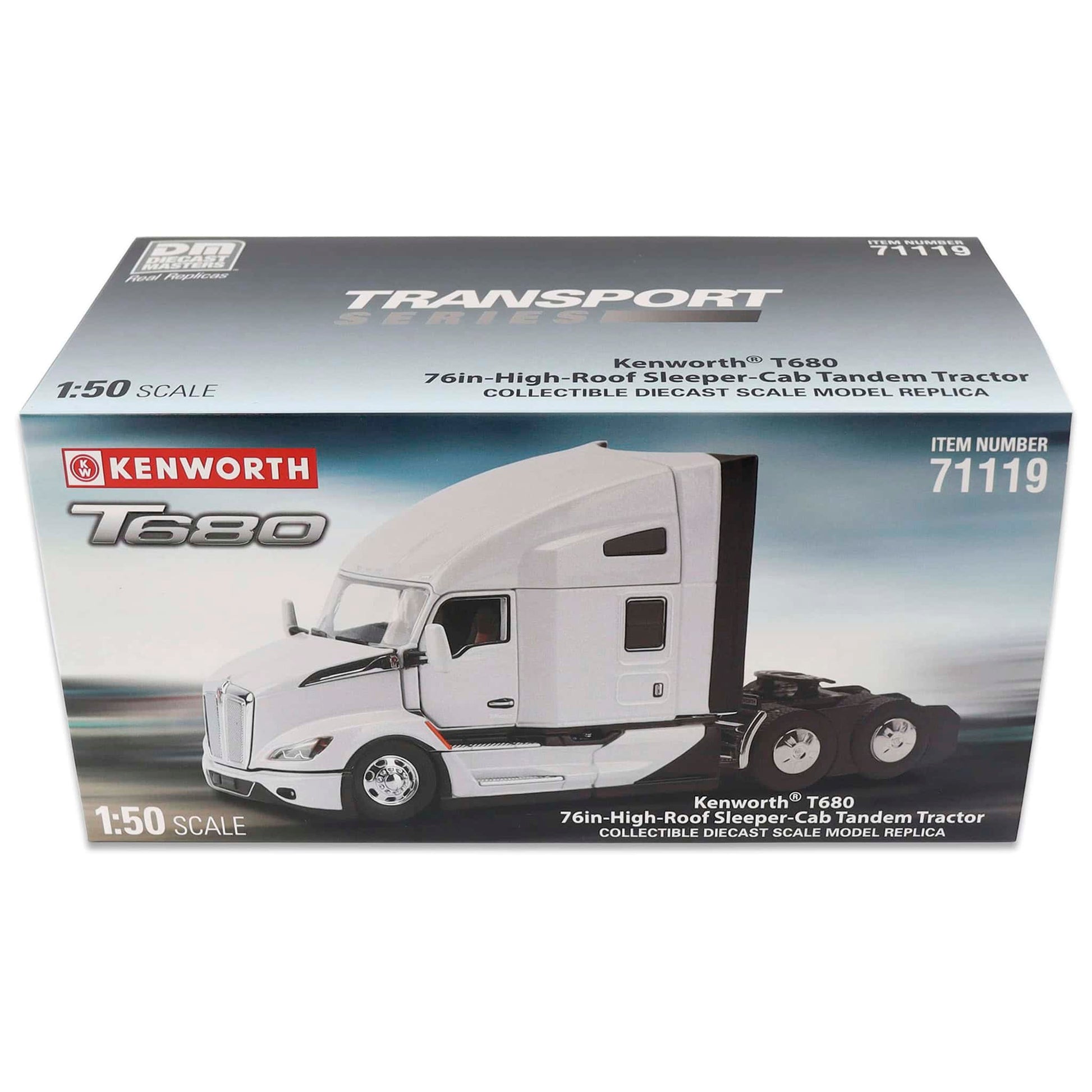 Boxed Kenworth T680 model truck on a white background