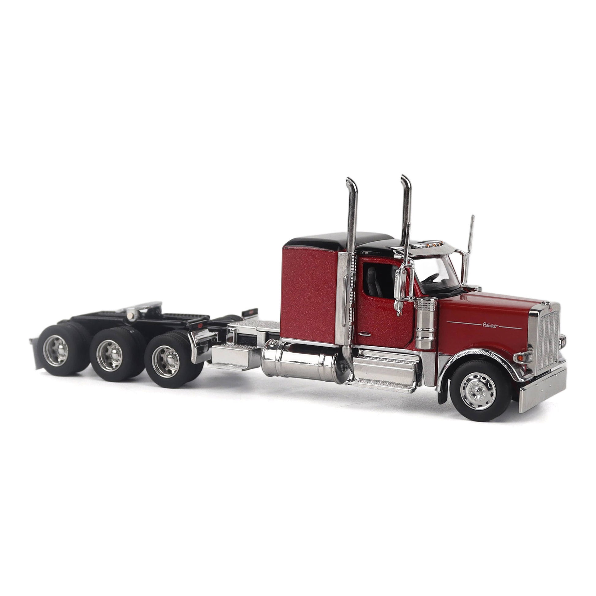 Model of a Peterbilt Model 589 Legendary Package Tri-Axle Sleeper Semi-Tractor on a White Background