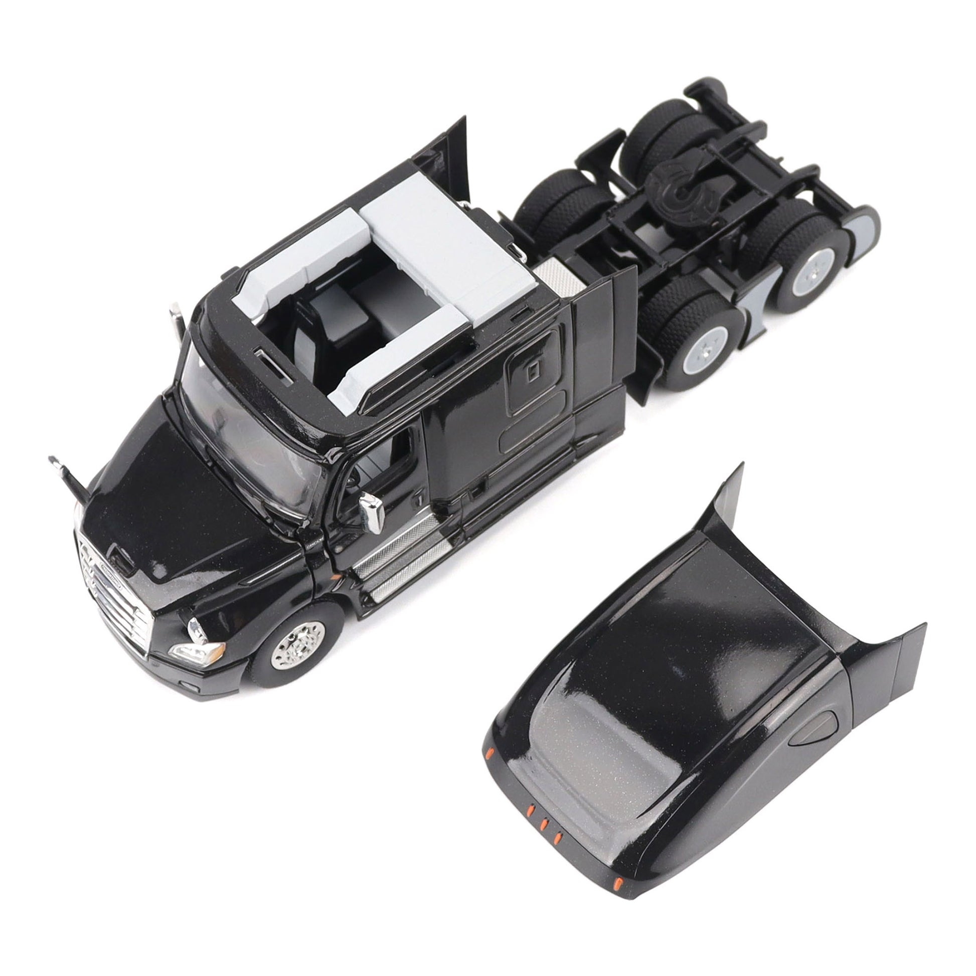 Model of a Black 2018 Freightliner Cascadia Hi-Roof Sleeper Tractor on a White Background