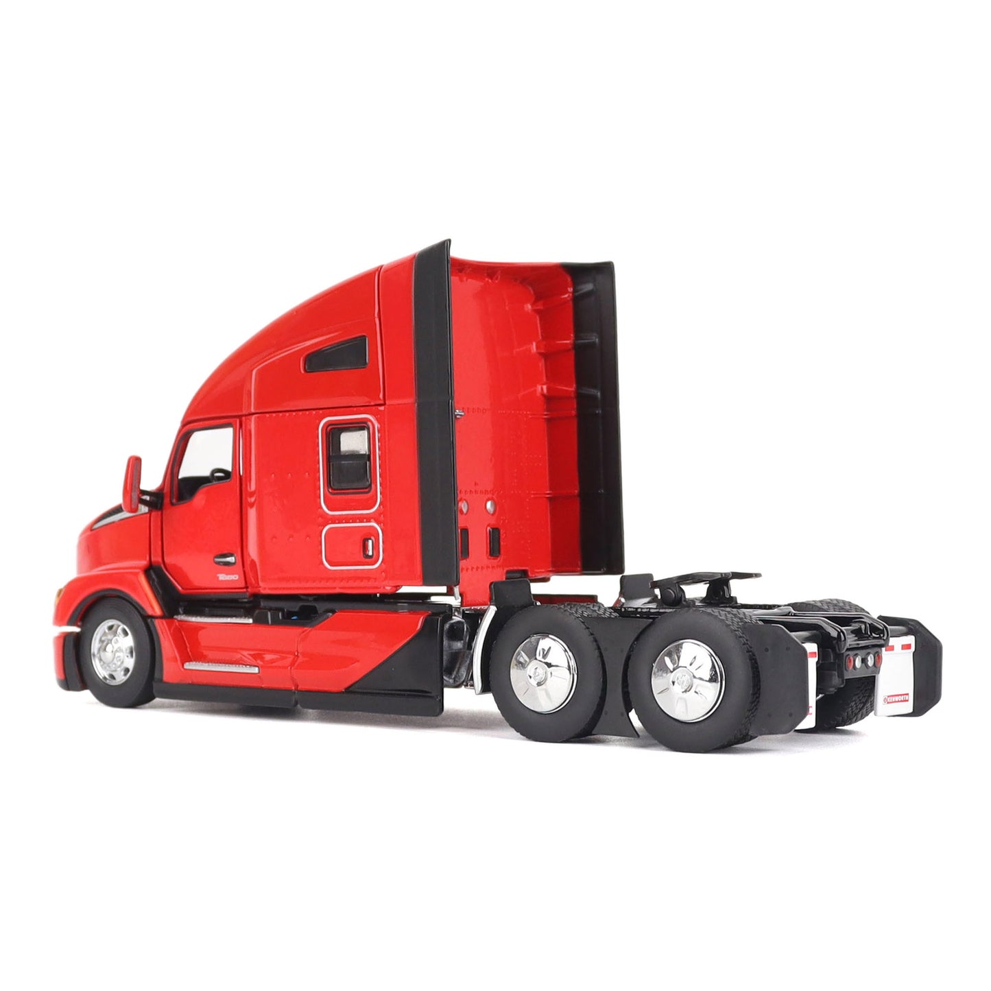Model of a Red Kenworth T680 Hi-Roof Sleeper Tractor on a White Background