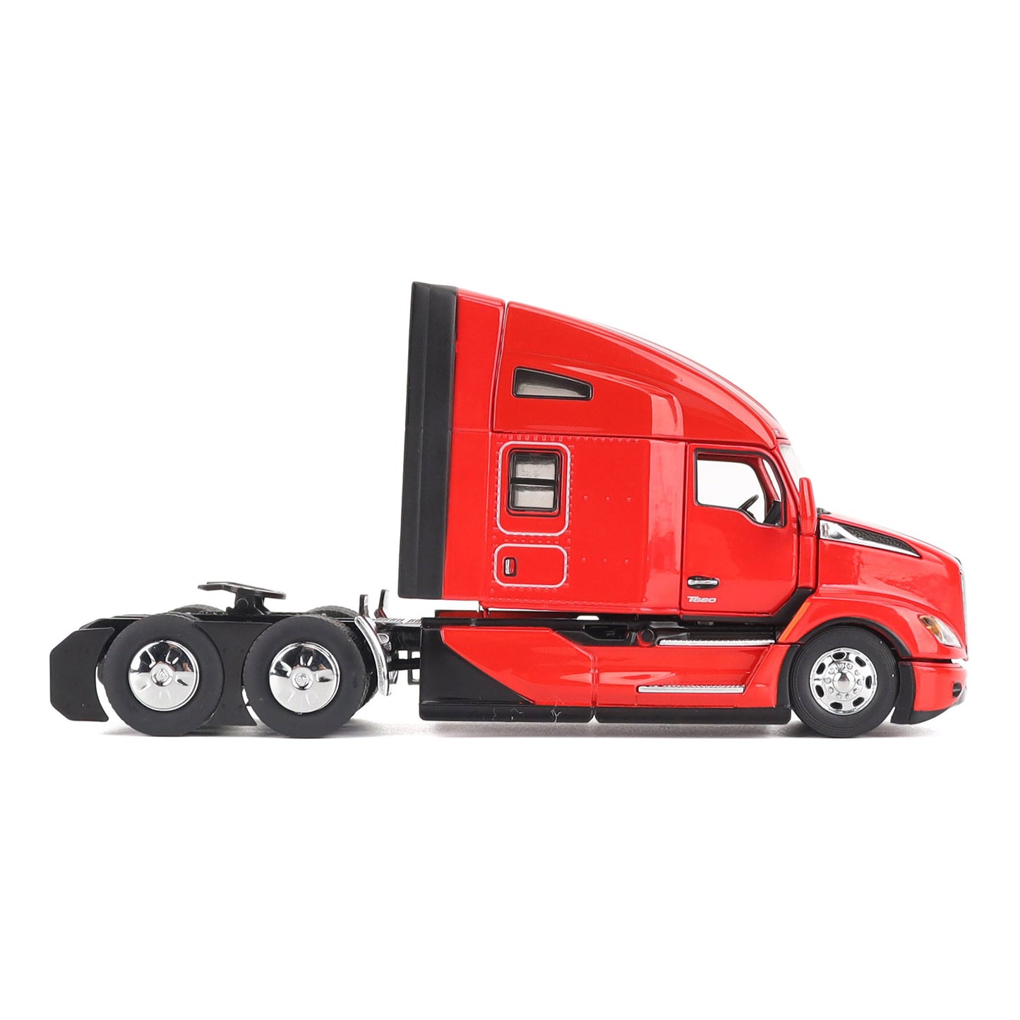 Model of a Red Kenworth T680 Hi-Roof Sleeper Tractor on a White Background