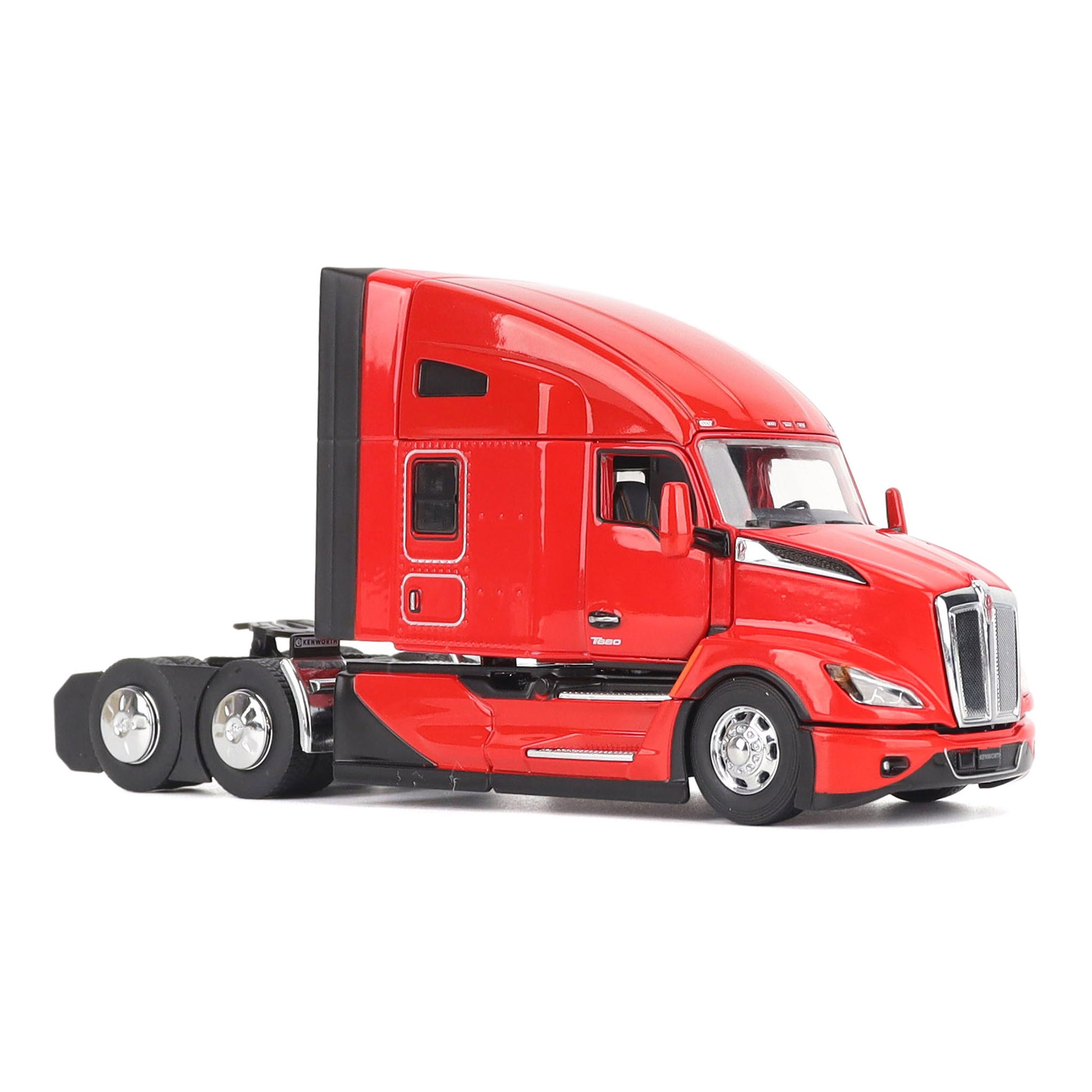 Model of a Red Kenworth T680 Hi-Roof Sleeper Tractor on a White Background