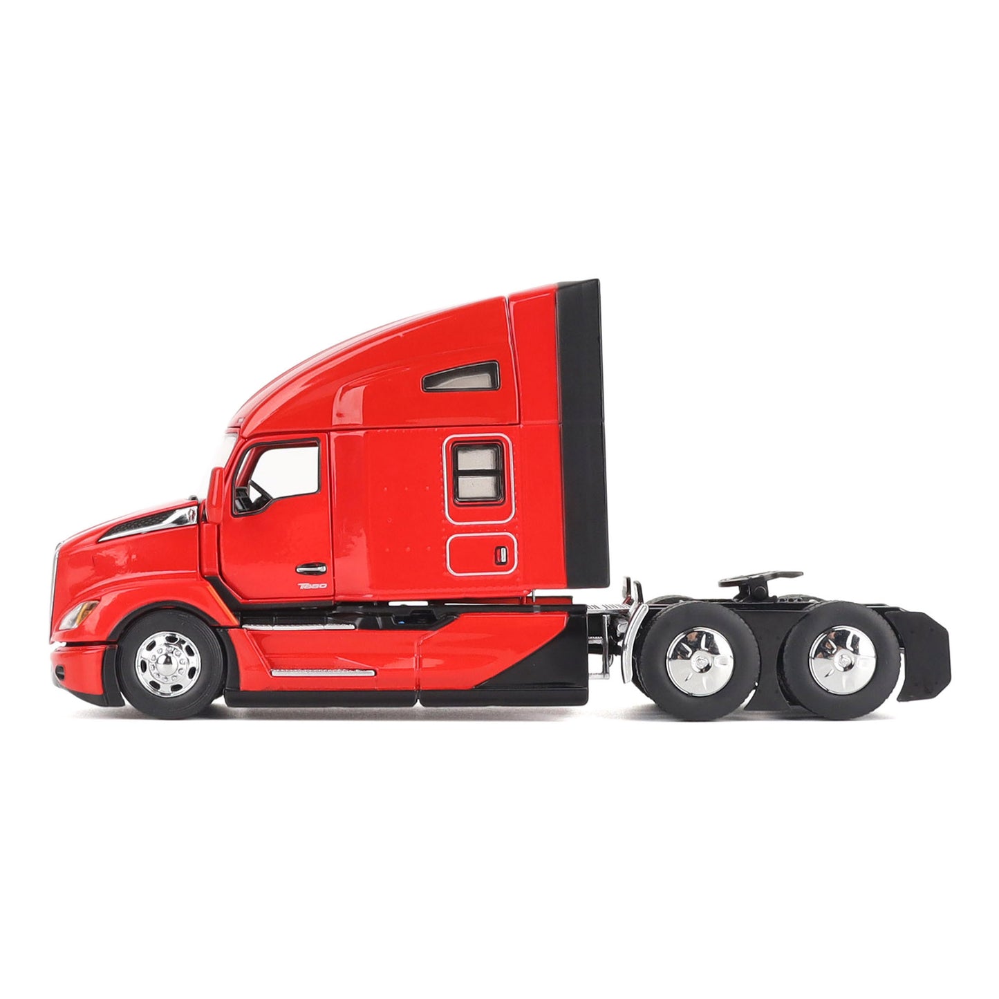 Model of a Red Kenworth T680 Hi-Roof Sleeper Tractor on a White Background