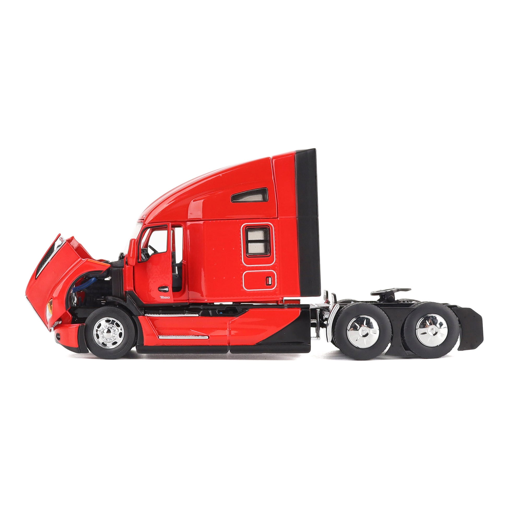 Model of a Red Kenworth T680 Hi-Roof Sleeper Tractor on a White Background