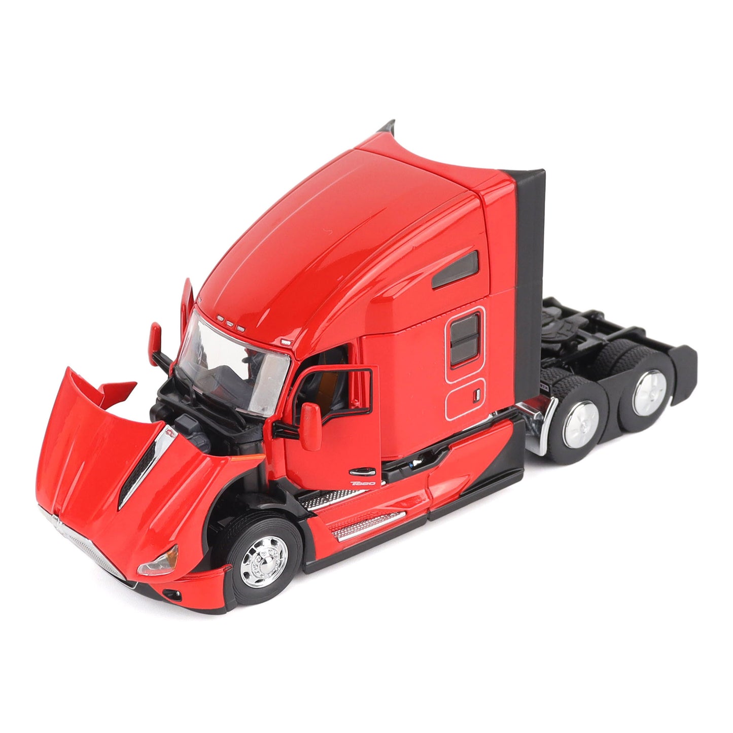 Model of a Red Kenworth T680 Hi-Roof Sleeper Tractor on a White Background