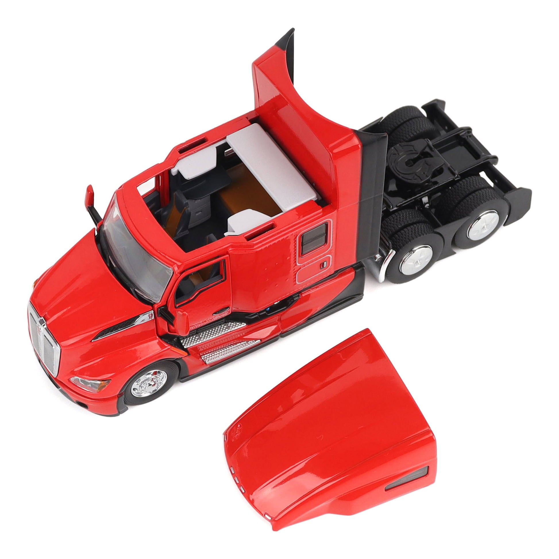 Model of a Red Kenworth T680 Hi-Roof Sleeper Tractor on a White Background