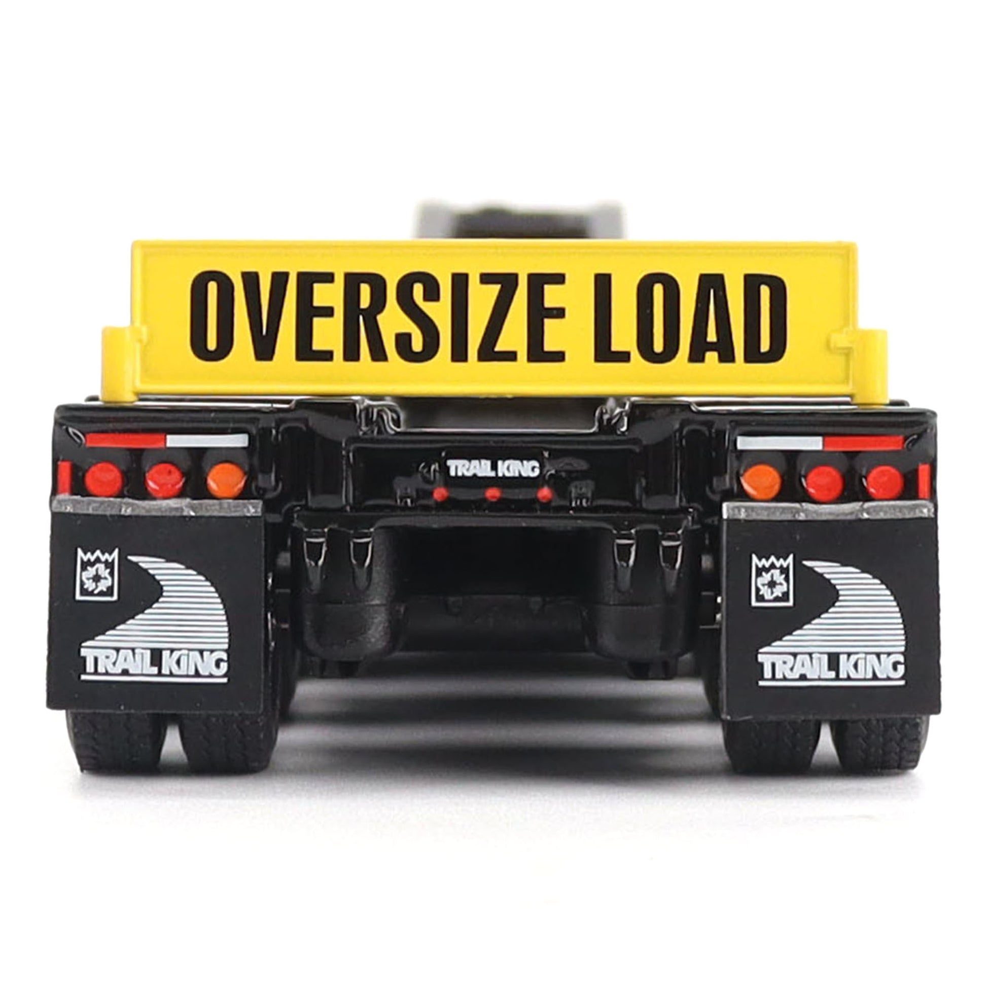 Rear view of a black and yellow Trail King oversize load trailer, featuring a large yellow sign with black text reading 'OVERSIZE LOAD' and Trail King branding on the bumper and side mudflaps.
