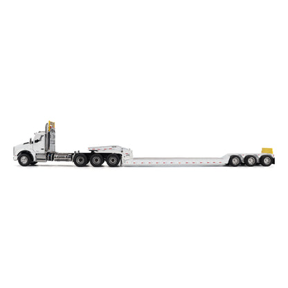 A detailed diecast model of a Kenworth T880 semi-truck towing a long black Trail King TK120 rgn lowboy trailer with a brown wood-look deck and yellow end caps, shown on a plain white background.