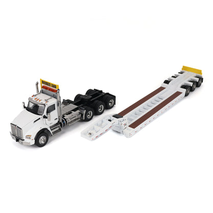 A detailed diecast model of a Kenworth T880 semi-truck towing a long black Trail King TK120 rgn lowboy trailer with a brown wood-look deck and yellow end caps, shown on a plain white background.