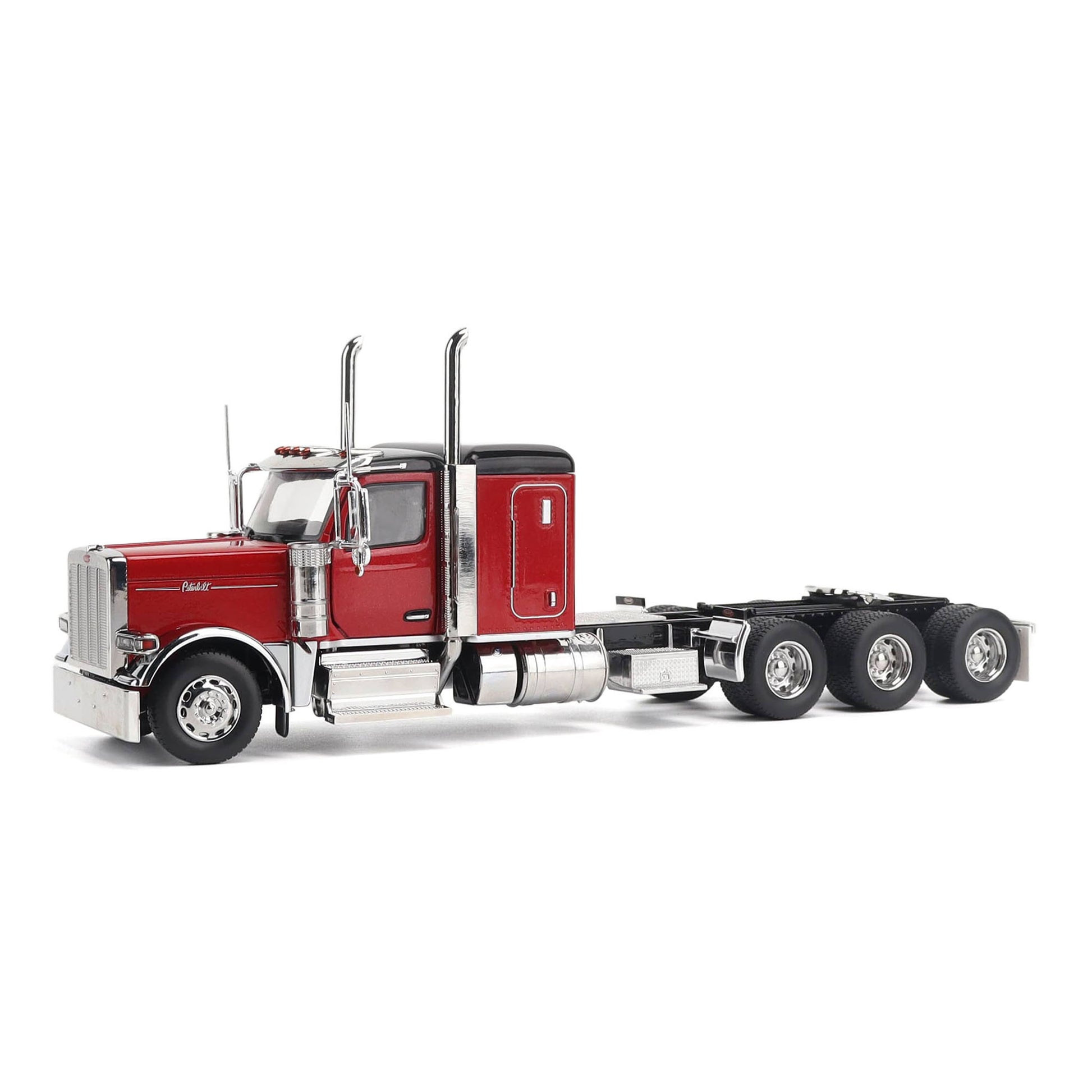 1:32nd Scale Diecast Model of a Peterbilt Model 589 in Legendary Red and Black Paint with Sleeper Compartment and Tri-Axle Configuration Photographed on a Clean White Background