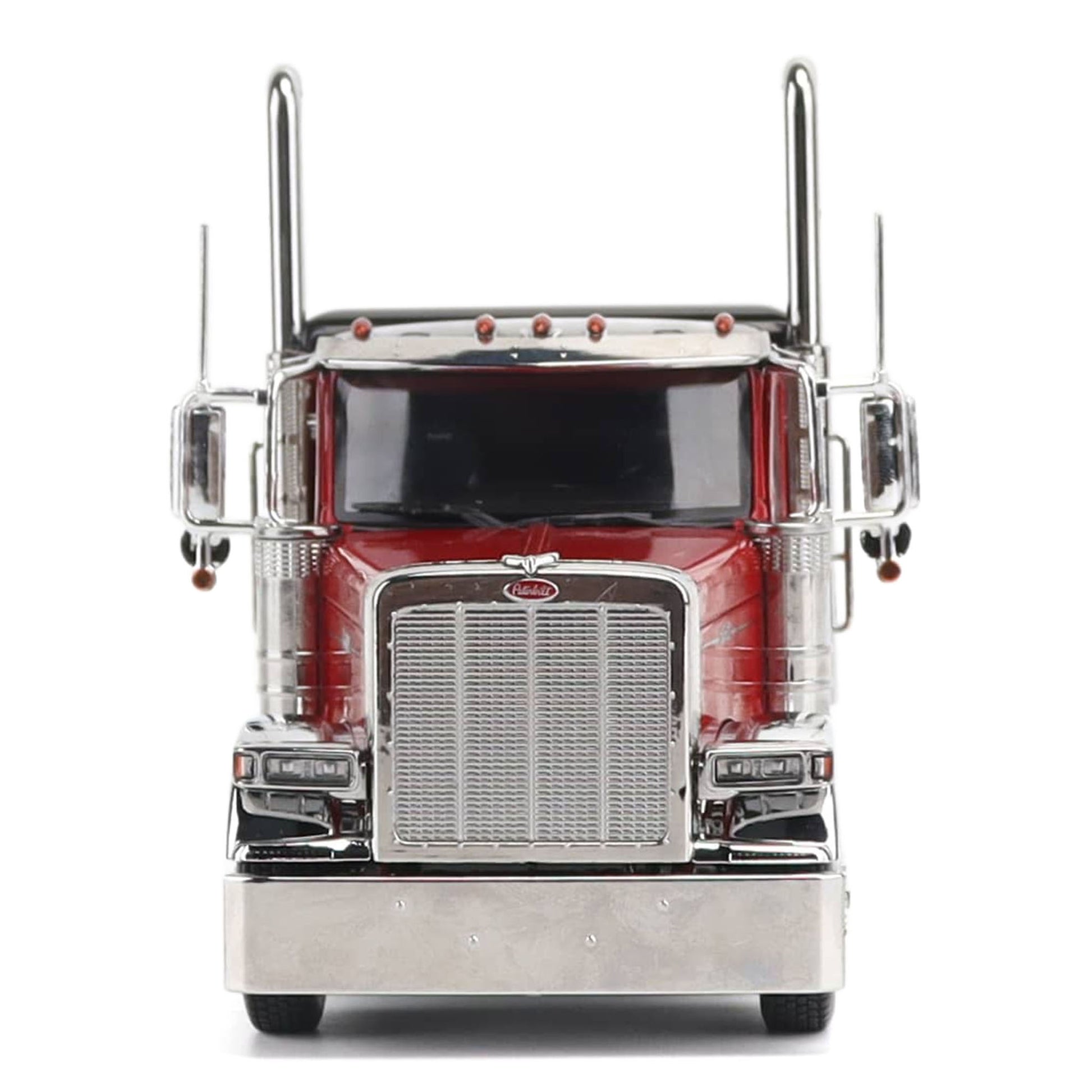 1:32nd Scale Diecast Model of a Peterbilt Model 589 in Legendary Red and Black Paint with Sleeper Compartment and Tri-Axle Configuration Photographed on a Clean White Background