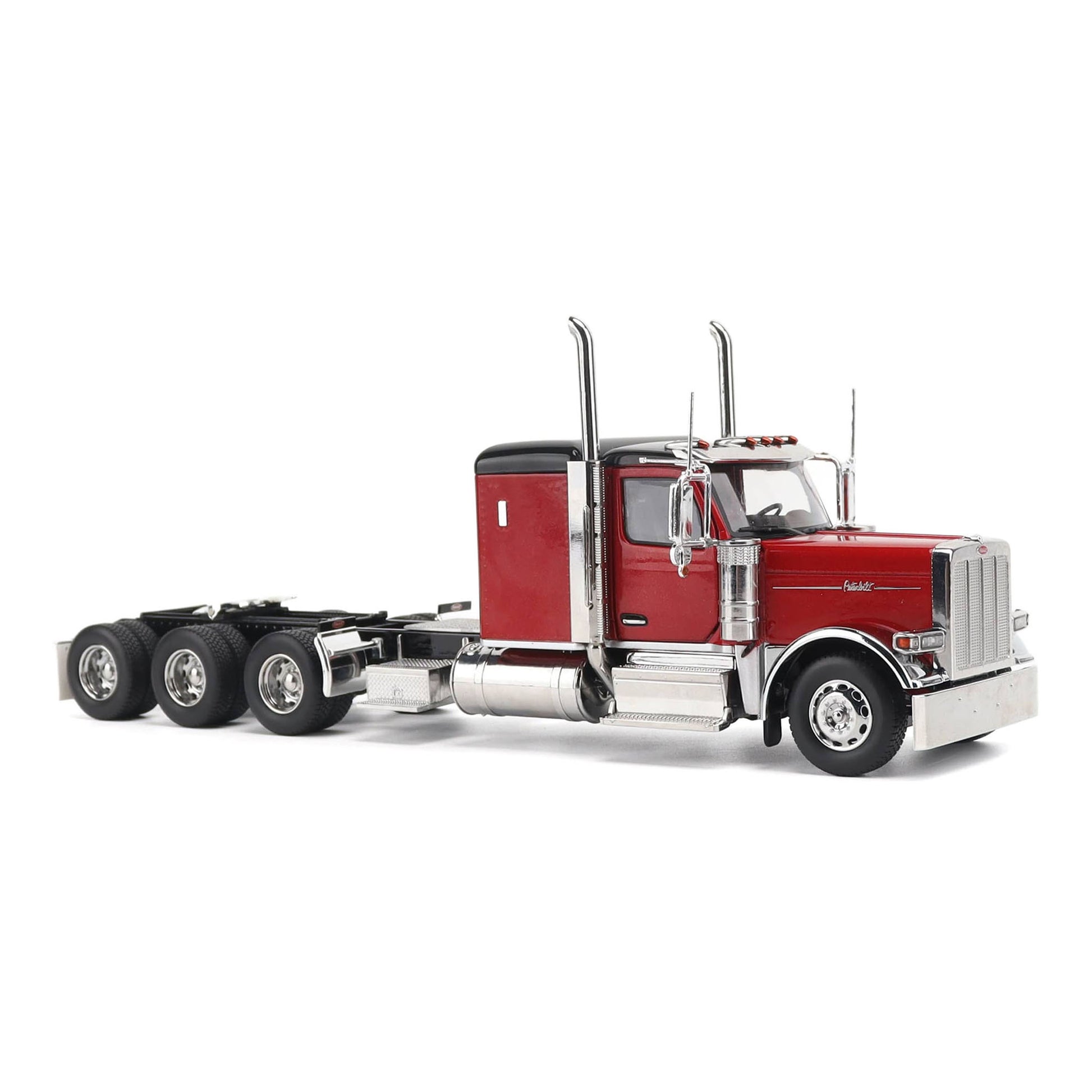 1:32nd Scale Diecast Model of a Peterbilt Model 589 in Legendary Red and Black Paint with Sleeper Compartment and Tri-Axle Configuration Photographed on a Clean White Background