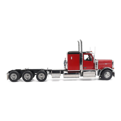 1:32nd Scale Diecast Model of a Peterbilt Model 589 in Legendary Red and Black Paint with Sleeper Compartment and Tri-Axle Configuration Photographed on a Clean White Background