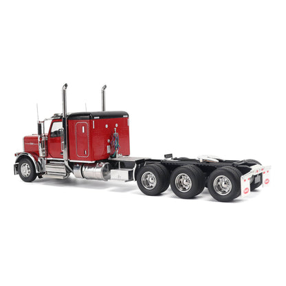 1:32nd Scale Diecast Model of a Peterbilt Model 589 in Legendary Red and Black Paint with Sleeper Compartment and Tri-Axle Configuration Photographed on a Clean White Background