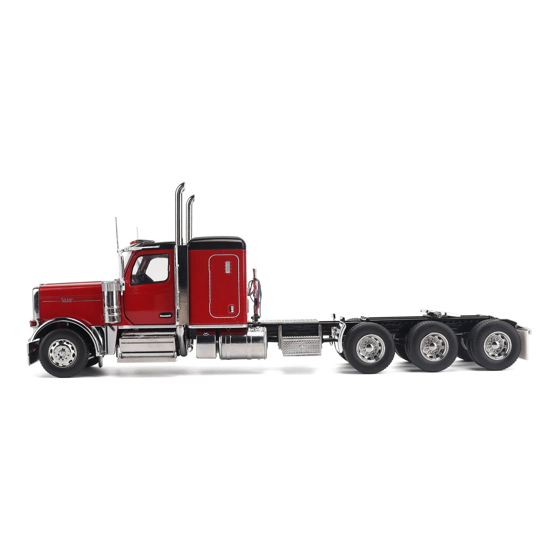 1:32nd Scale Diecast Model of a Peterbilt Model 589 in Legendary Red and Black Paint with Sleeper Compartment and Tri-Axle Configuration Photographed on a Clean White Background