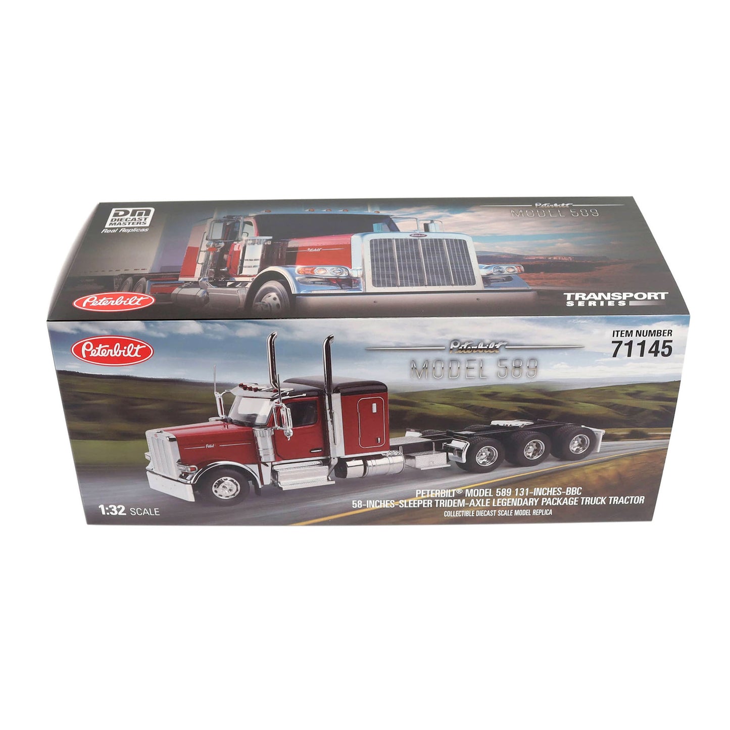 Colorful packaging for a peterbilt Model 589 on a Clean White Background