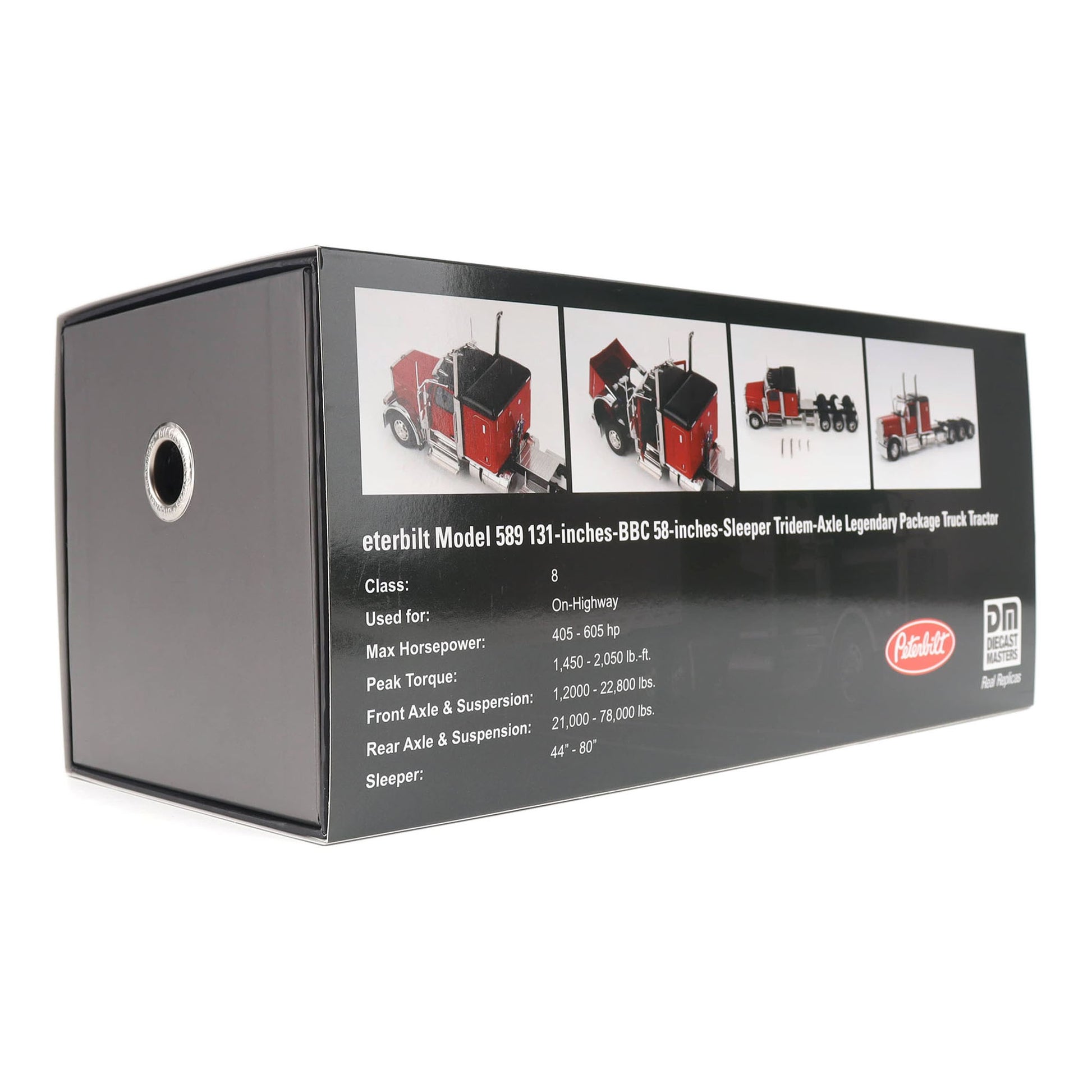 Colorful packaging for a peterbilt Model 589 on a Clean White Background