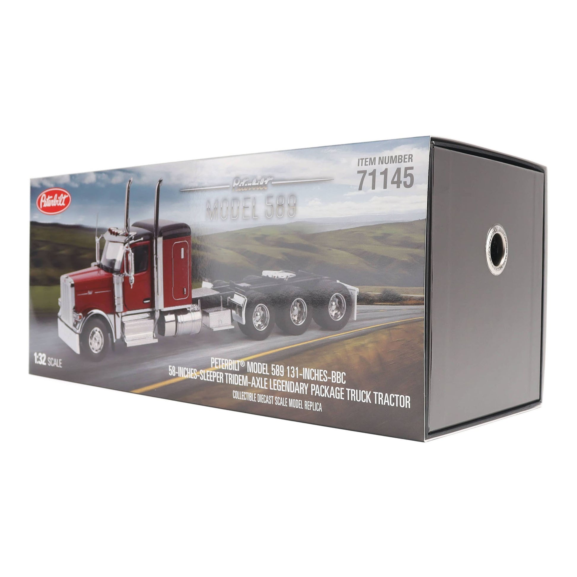Colorful packaging for a peterbilt Model 589 on a Clean White Background