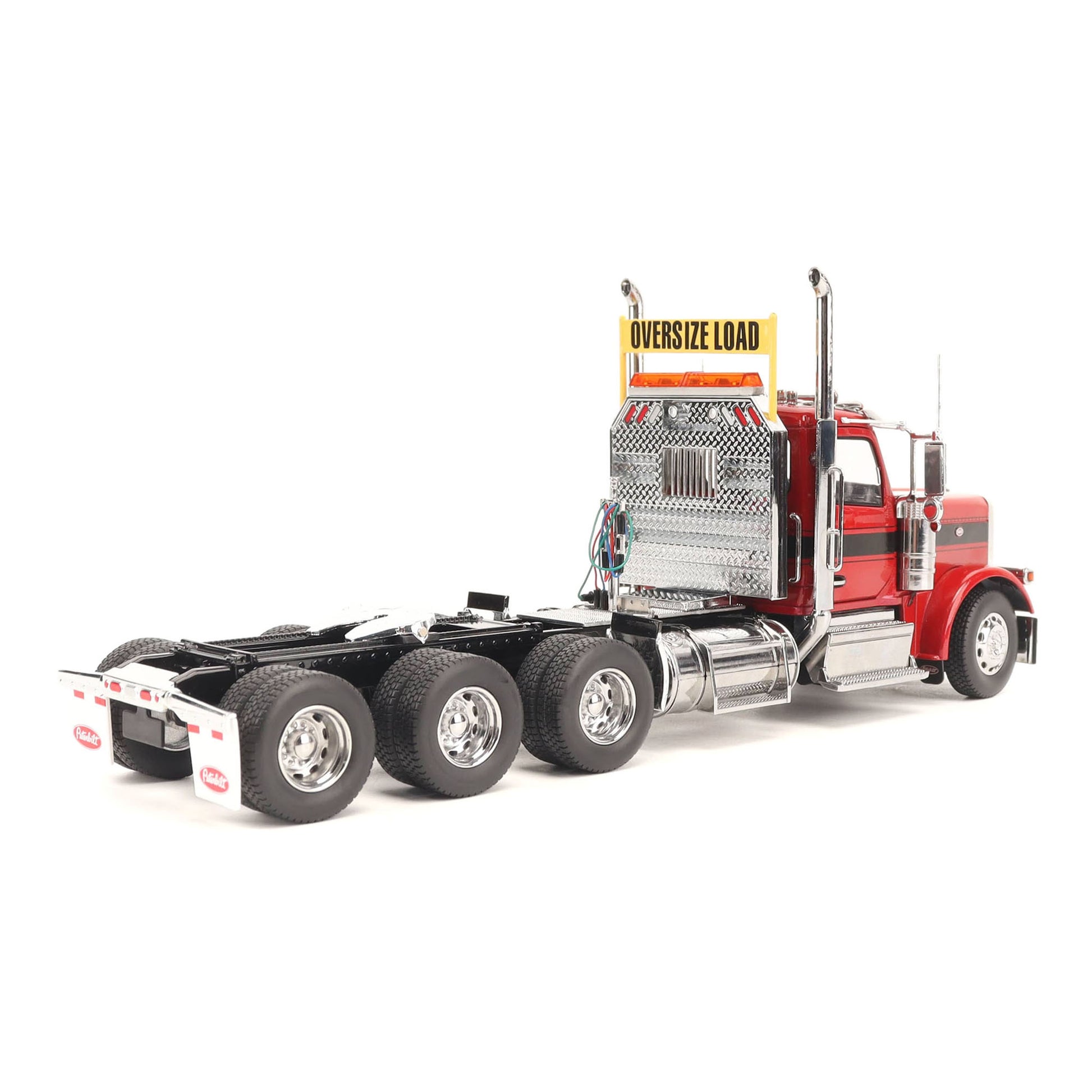 1:32nd Scale Diecast Model of a Peterbilt Model 589 Day Cab Tractor with Tri-Axle Configuration Photographed on a Clean White Background