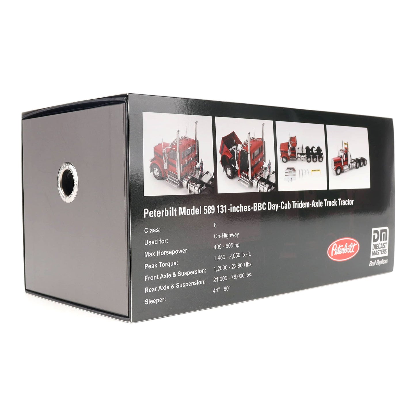 Colorful packaging for a peterbilt Model 589 on a Clean White Background