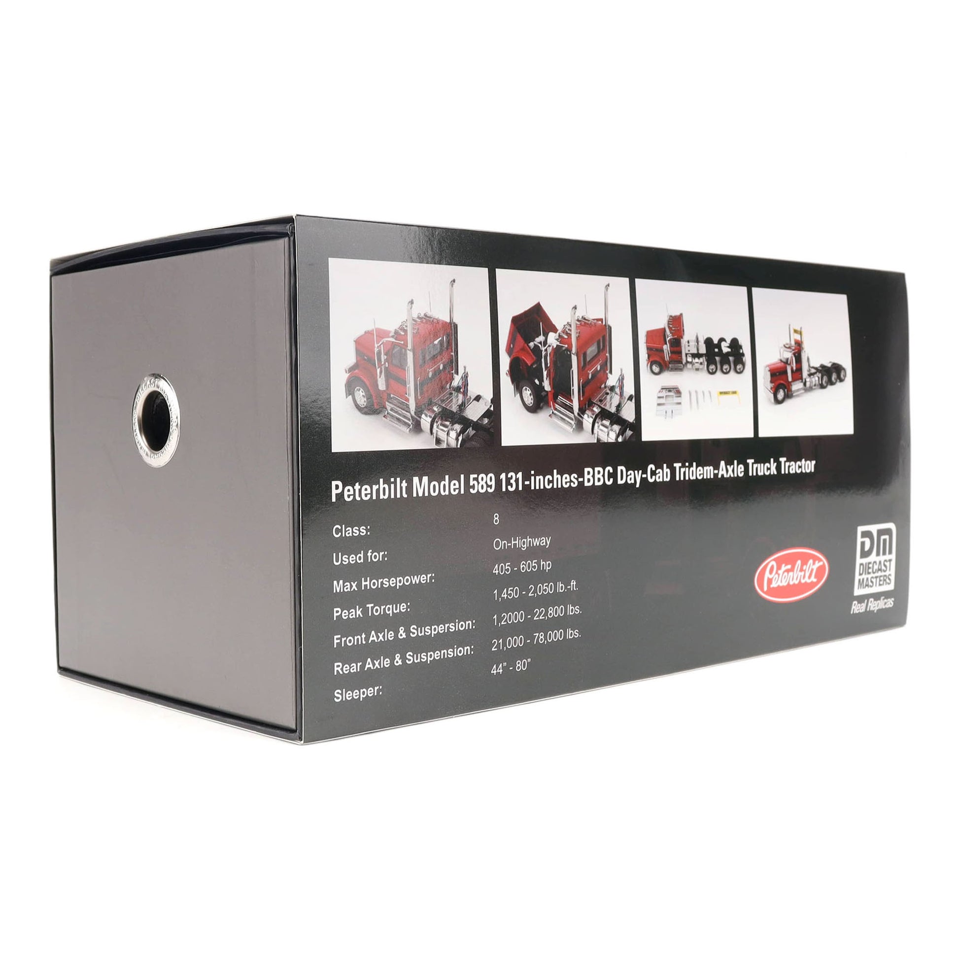 Colorful packaging for a peterbilt Model 589 on a Clean White Background