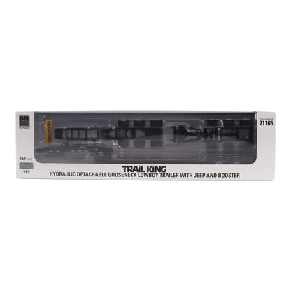 Trail King TK170 Lowboy in its original packaging, featuring a black hydraulic detachable gooseneck lowboy trailer with a Jeep and booster.