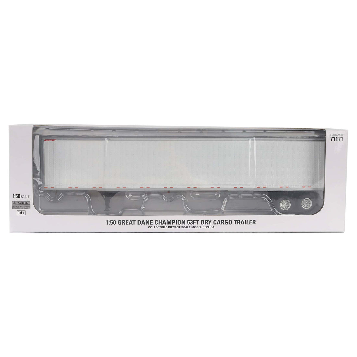 1:50th Scale Diecast Model of a 53 foot Great Dane Champion Dry Goods Van Trailer in Packaging Photographed on a White Background