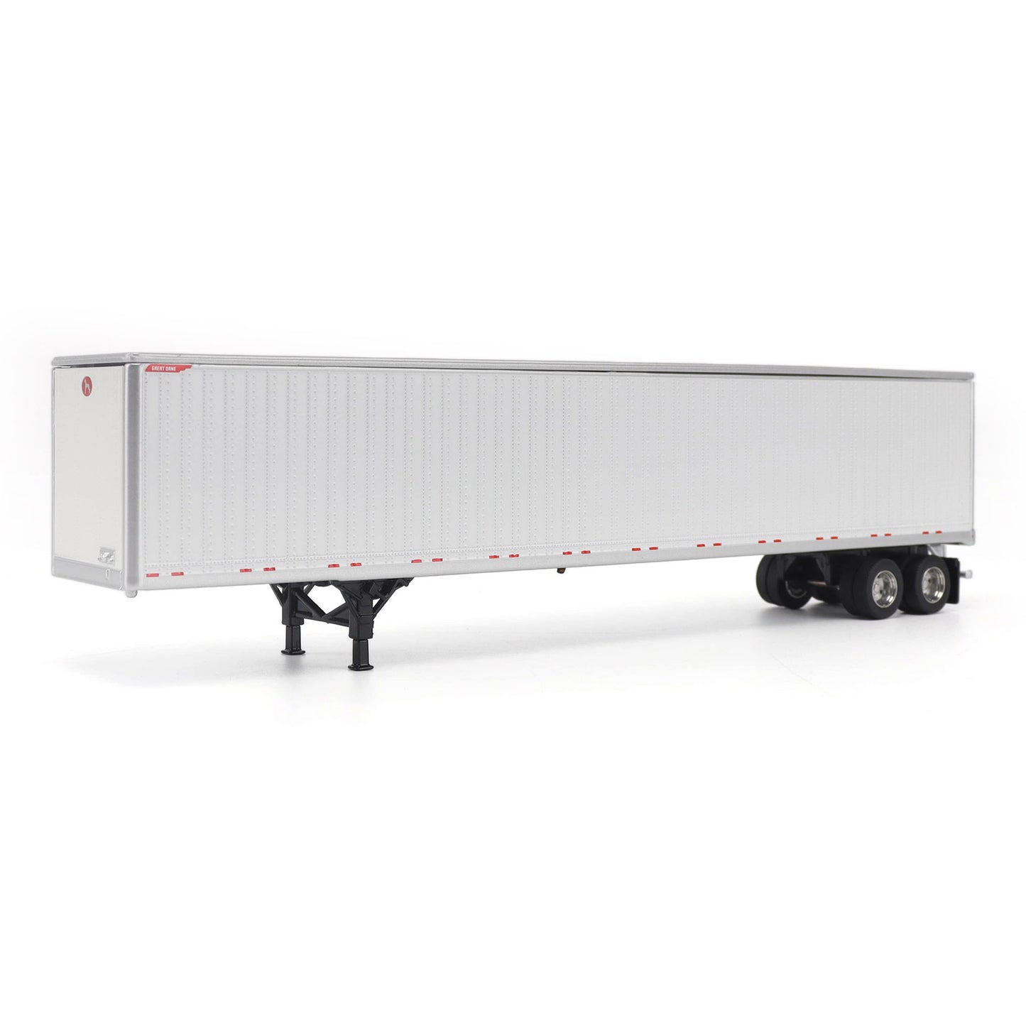A long white Great Dane Champion semi-trailer shown in side view on a clean white studio background, with black wheels and support legs visible.