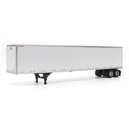 A long white Great Dane Champion semi-trailer shown in side view on a clean white studio background, with black wheels and support legs visible.
