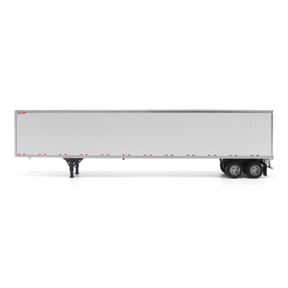A long white Great Dane Champion semi-trailer shown in side view on a clean white studio background, with black wheels and support legs visible.