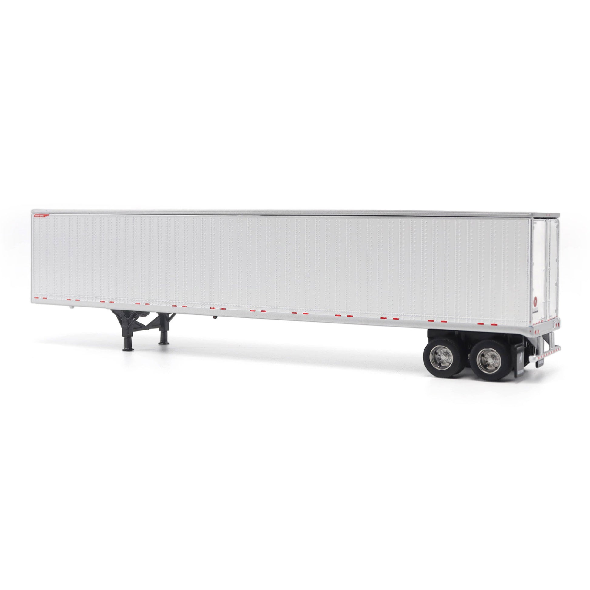 A long white Great Dane Champion semi-trailer shown in side view on a clean white studio background, with black wheels and support legs visible.