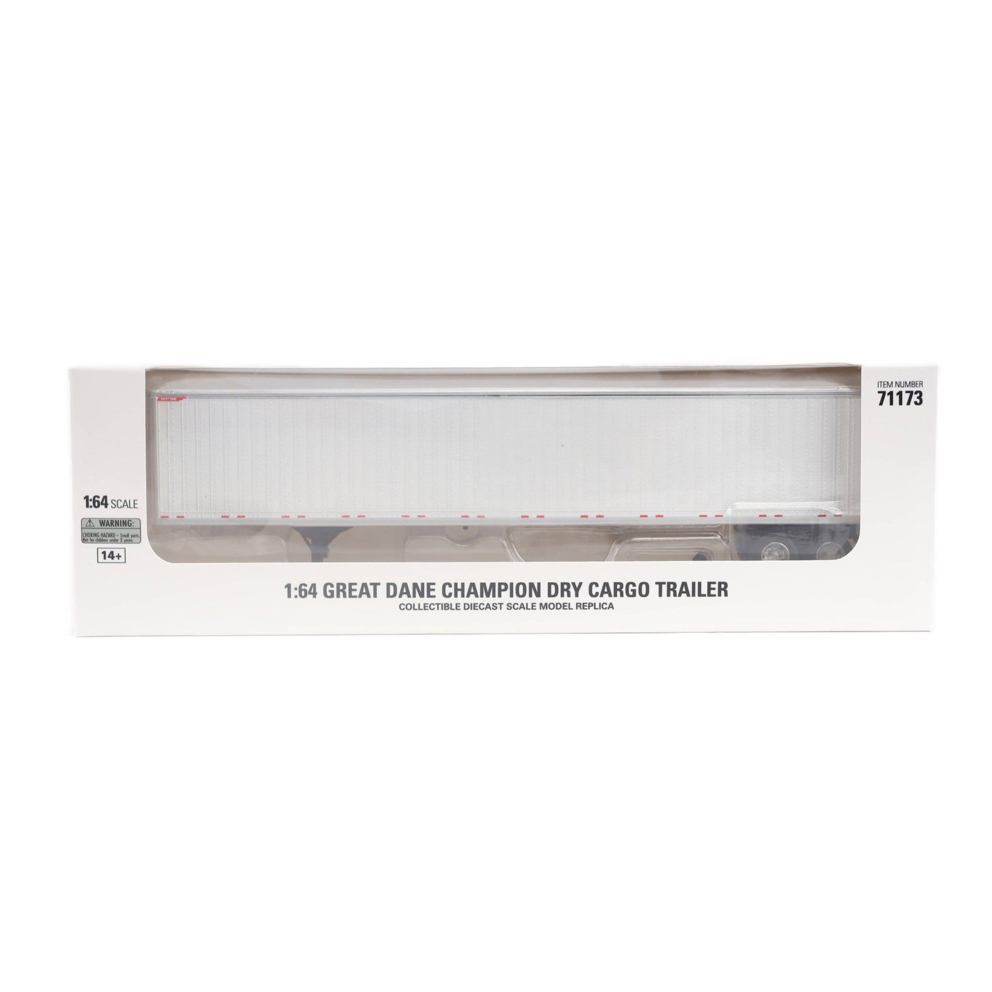 A 1:64 scale model of a Great Dane Champion dry cargo trailer, shown inside its original white packaging box with a clear window.