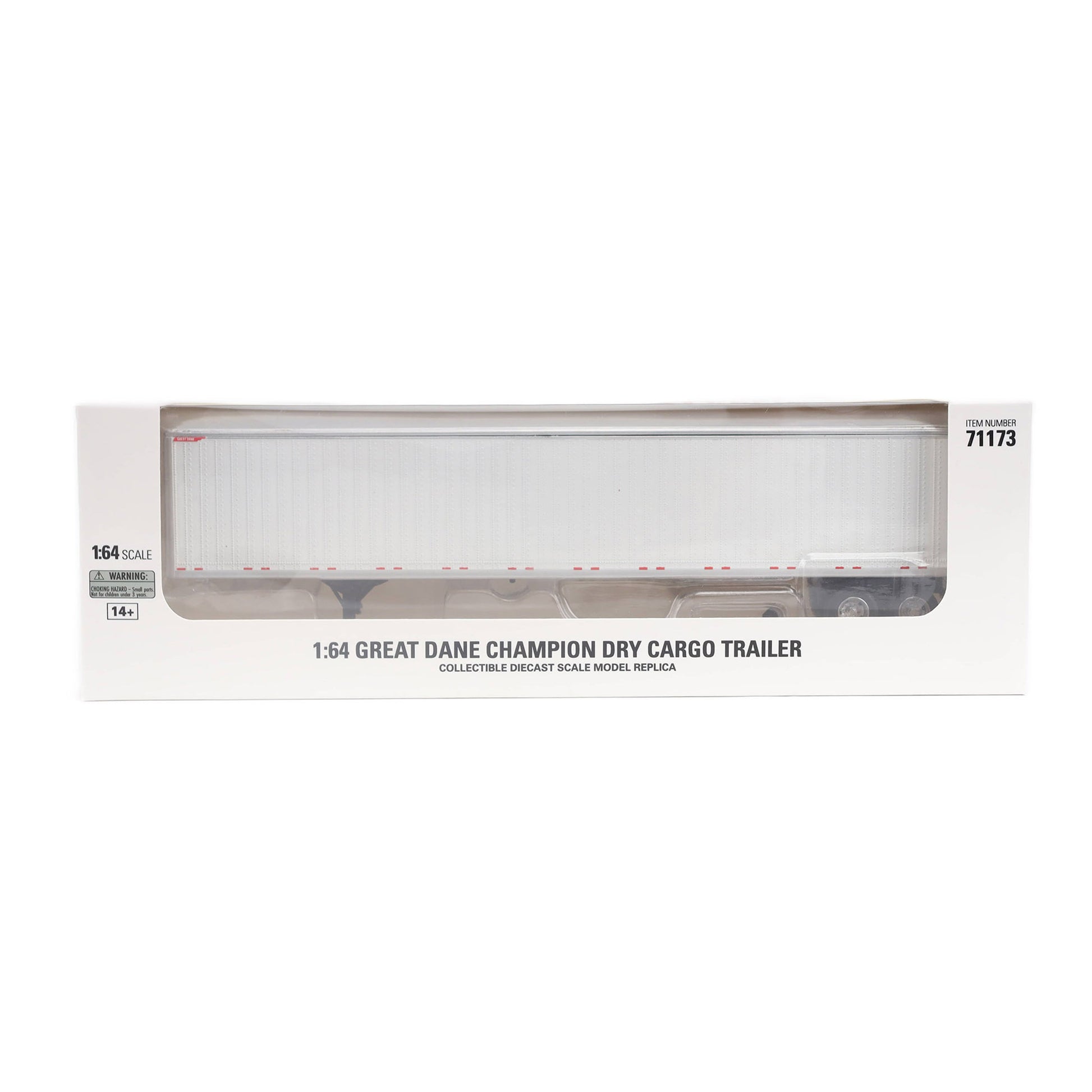 A 1:64 scale model of a Great Dane Champion dry cargo trailer, shown inside its original white packaging box with a clear window.