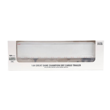 A 1:64 scale model of a Great Dane Champion dry cargo trailer, shown inside its original white packaging box with a clear window.
