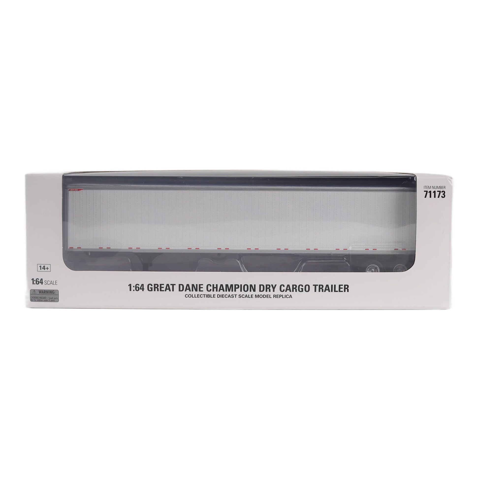A 1:64 scale model dry cargo trailer replica in its original white packaging box, featuring a clear window view of the model inside.