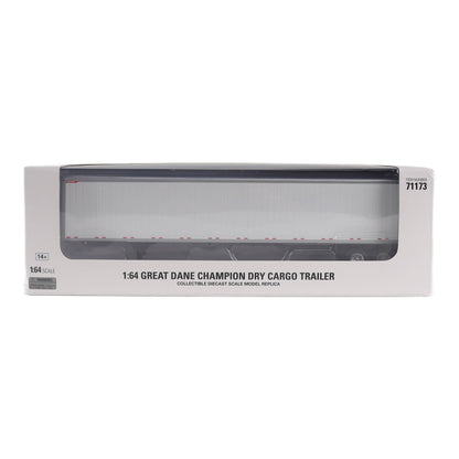 A 1:64 scale model dry cargo trailer replica in its original white packaging box, featuring a clear window view of the model inside.