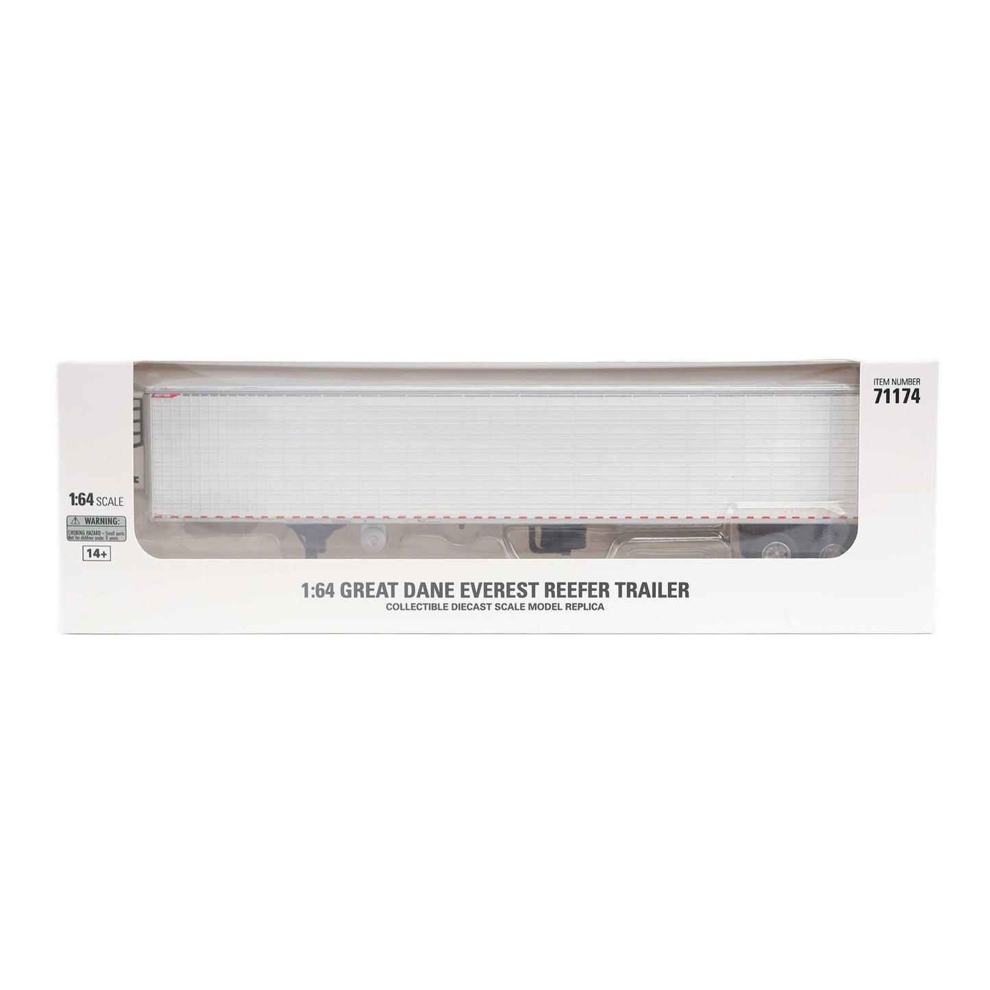 A white Great Dane Everest refrigerated semi-trailer model shown in in packaging on a clean white background.