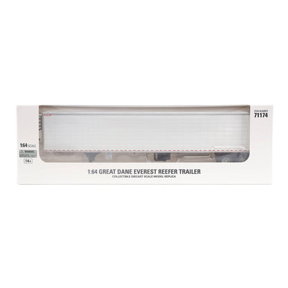 A white Great Dane Everest refrigerated semi-trailer model shown in in packaging on a clean white background.