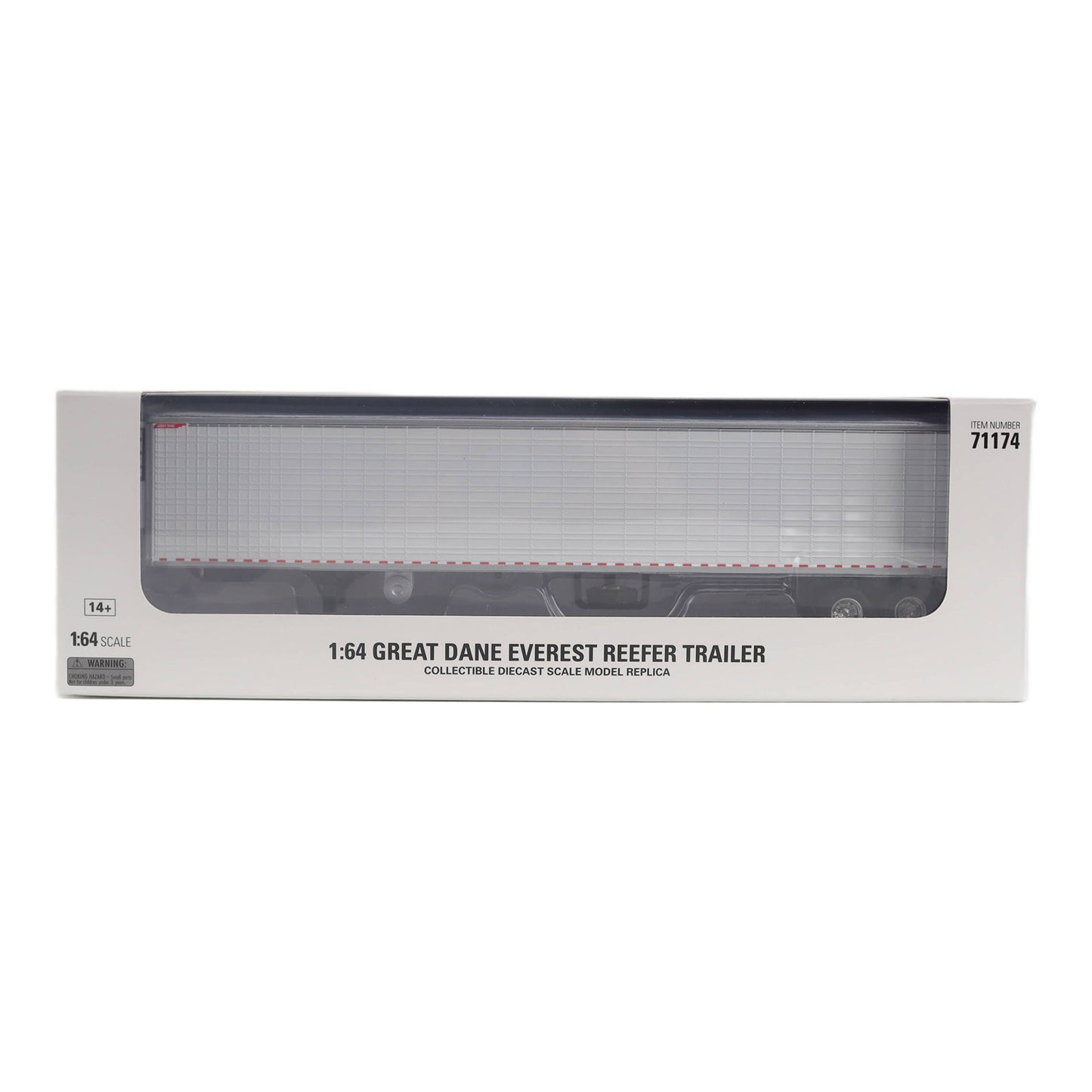 Boxed model of a Great Dane Everest Reefer Trailer on a white background