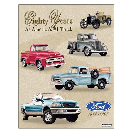 Ford truck poster celebrating 80 years as America's #1 truck with various models displayed.