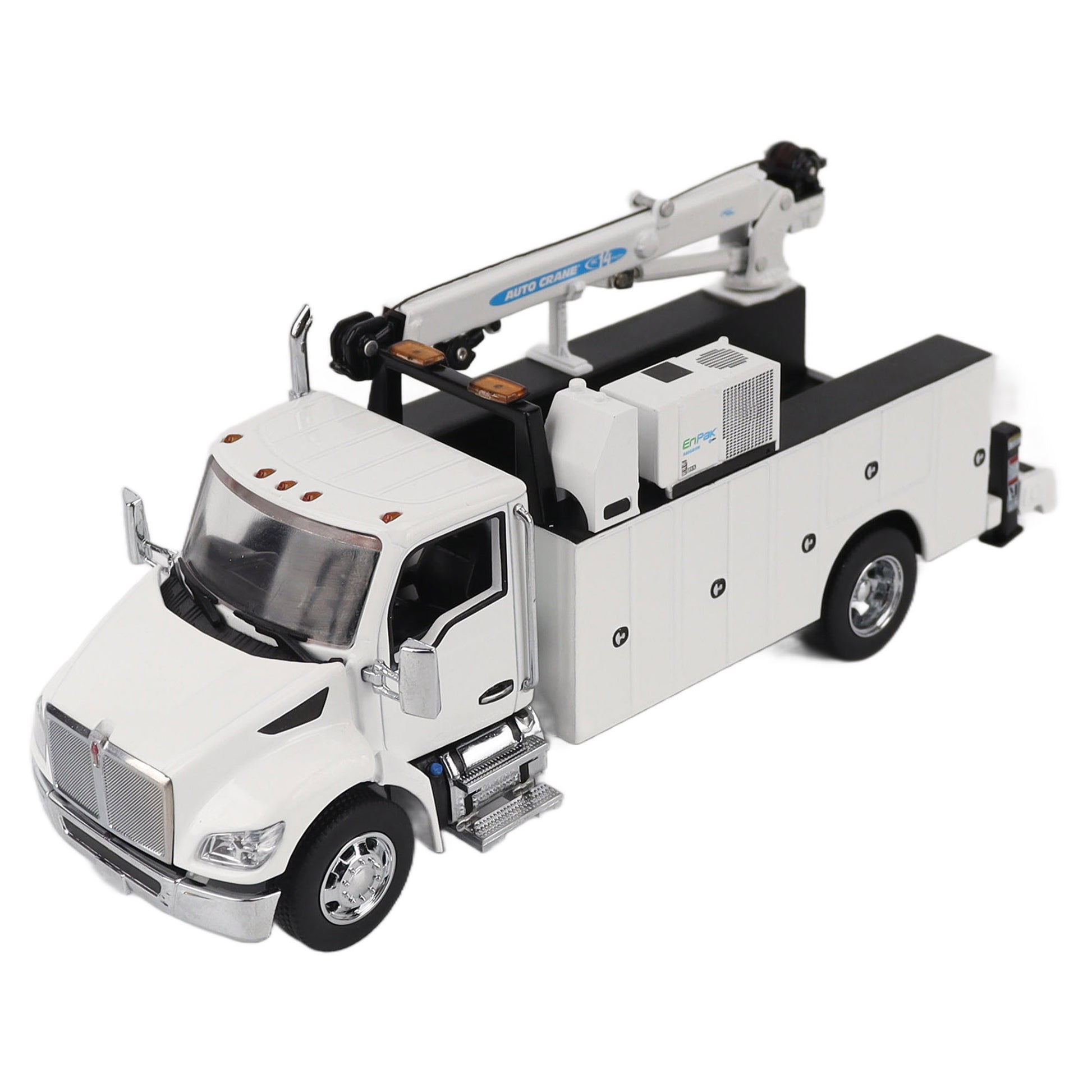Model of a white Kenworth T380 Auto-Crane Titan85-Body HC14-Crane Work Truck with Miller EnPak A60 Air Compressor on a white background