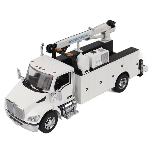 Model of a white Kenworth T380 Auto-Crane Titan85-Body HC14-Crane Work Truck with Miller EnPak A60 Air Compressor on a white background