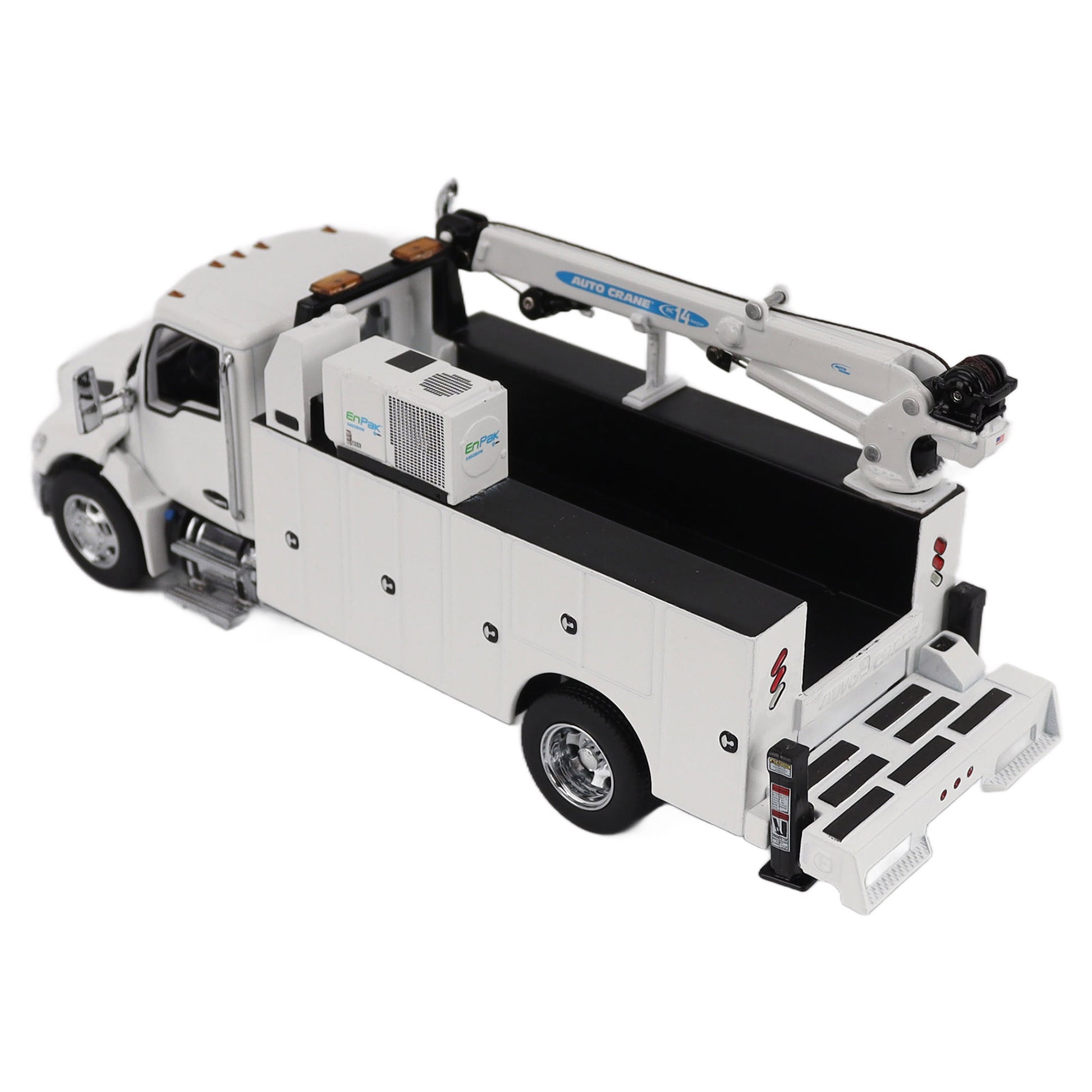 Model of a white Kenworth T380 Auto-Crane Titan85-Body HC14-Crane Work Truck with Miller EnPak A60 Air Compressor on a white background
