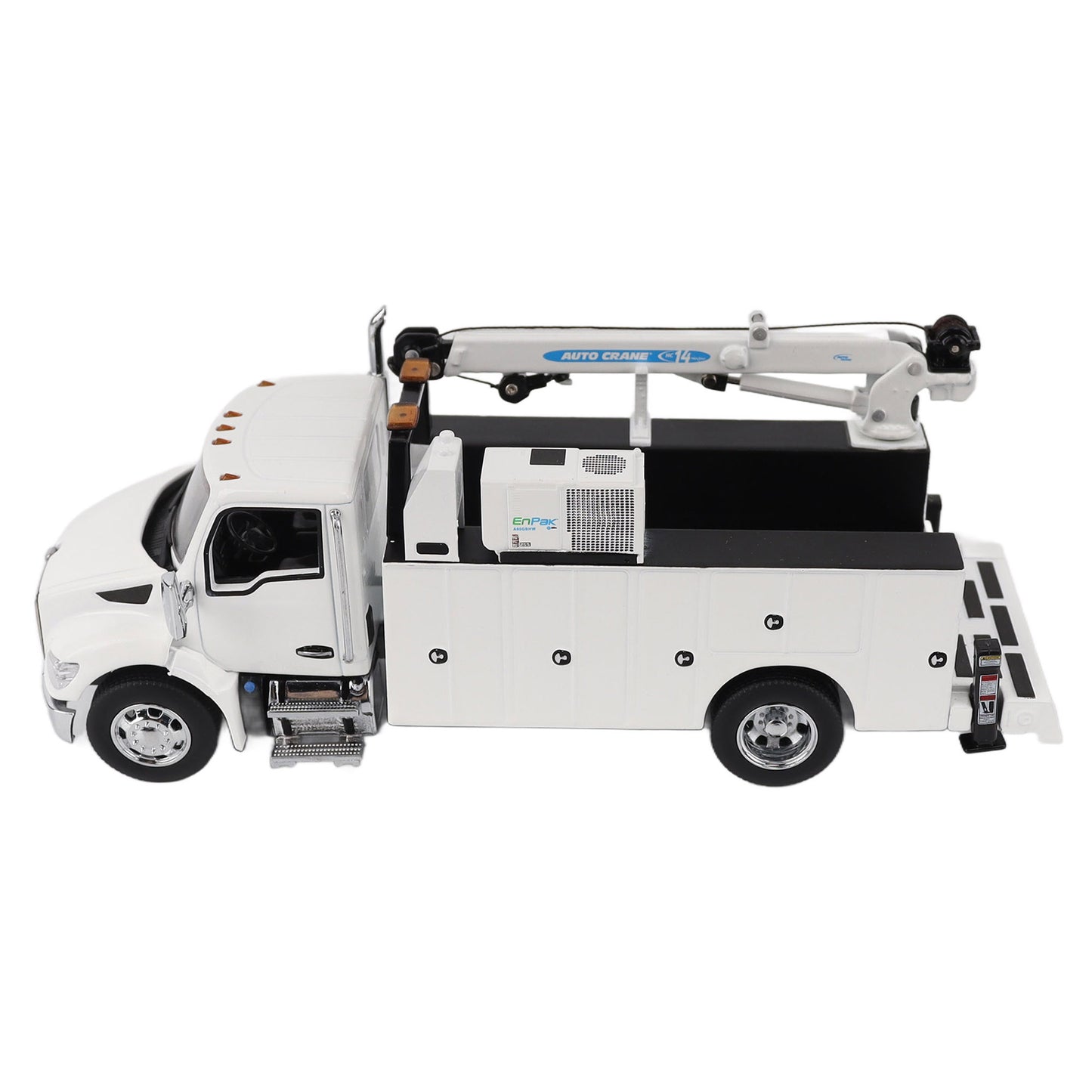 Model of a white Kenworth T380 Auto-Crane Titan85-Body HC14-Crane Work Truck with Miller EnPak A60 Air Compressor on a white background