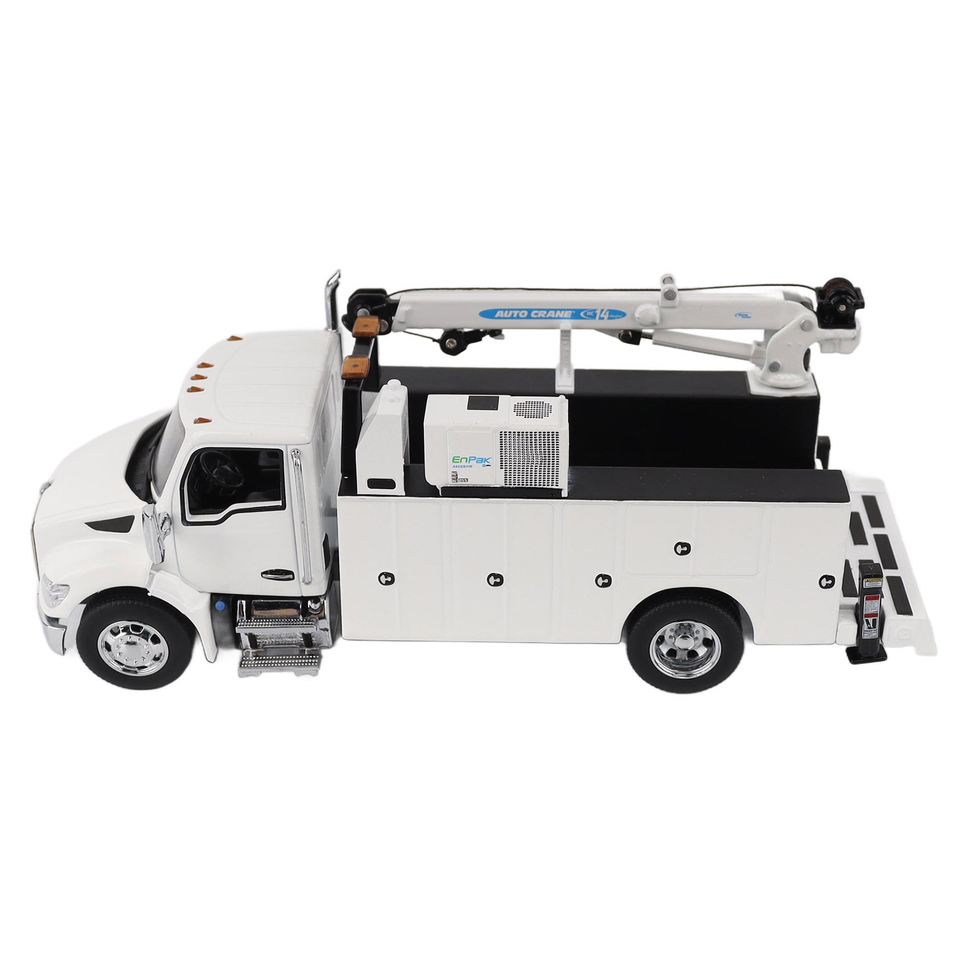 Model of a white Kenworth T380 Auto-Crane Titan85-Body HC14-Crane Work Truck with Miller EnPak A60 Air Compressor on a white background