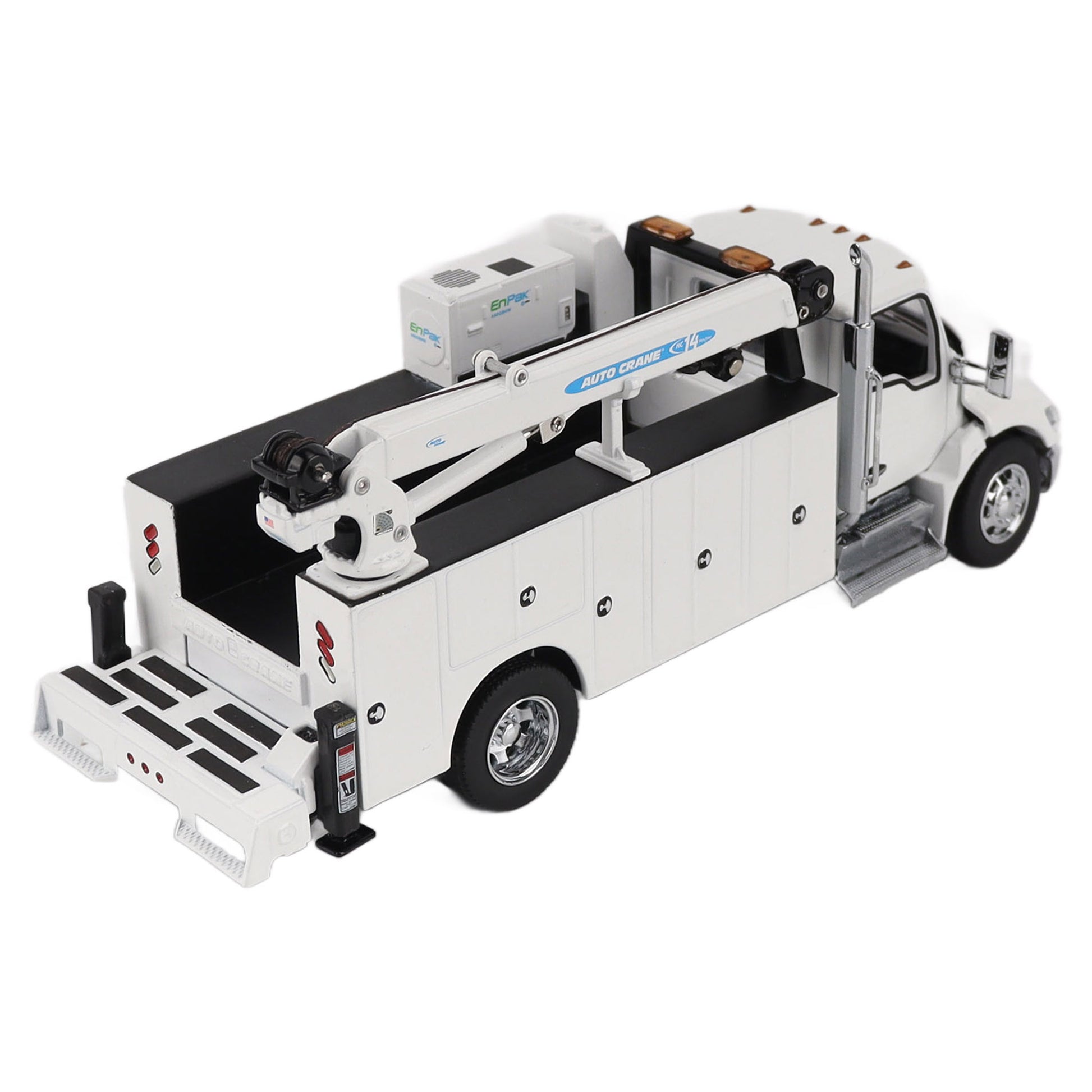 Model of a white Kenworth T380 Auto-Crane Titan85-Body HC14-Crane Work Truck with Miller EnPak A60 Air Compressor on a white background