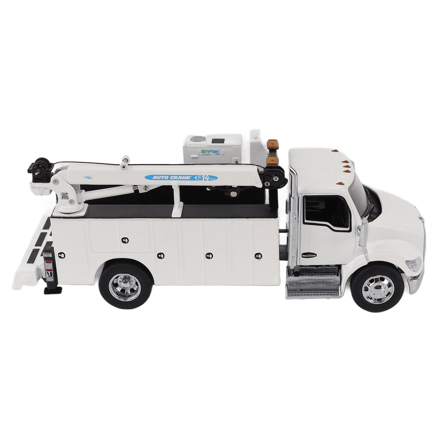 Model of a white Kenworth T380 Auto-Crane Titan85-Body HC14-Crane Work Truck with Miller EnPak A60 Air Compressor on a white background