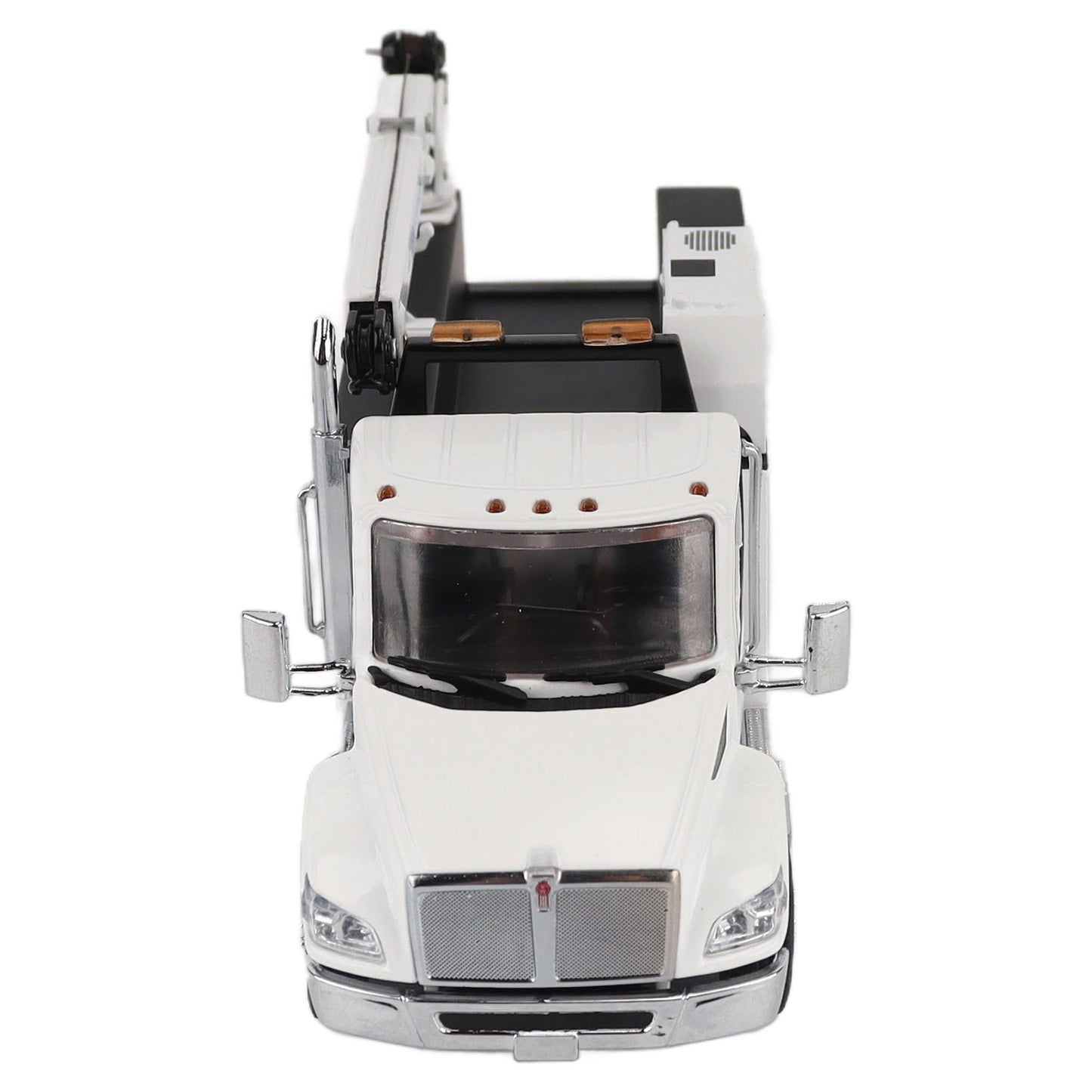 Model of a white Kenworth T380 Auto-Crane Titan85-Body HC14-Crane Work Truck with Miller EnPak A60 Air Compressor on a white background